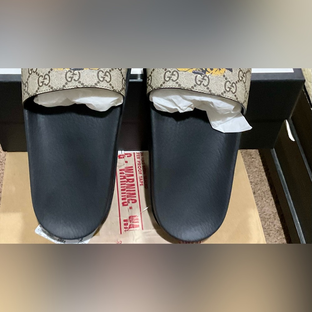 Gucci GG Supreme Monogram Tiger Mens Lug Sole Slide Sandals 12 Ebony